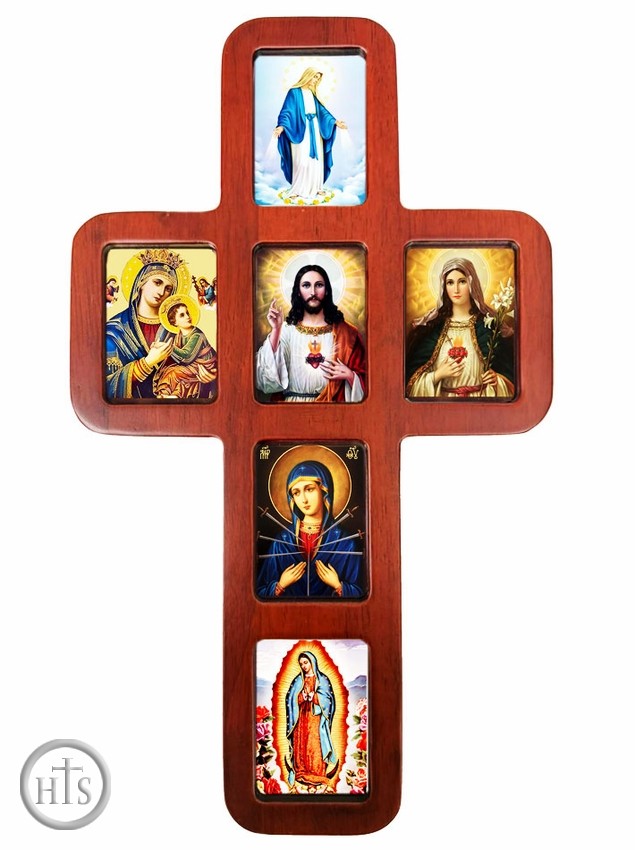 Pic - Wooden Cross with Christian Icons, Wall Hanging, 14 Inch