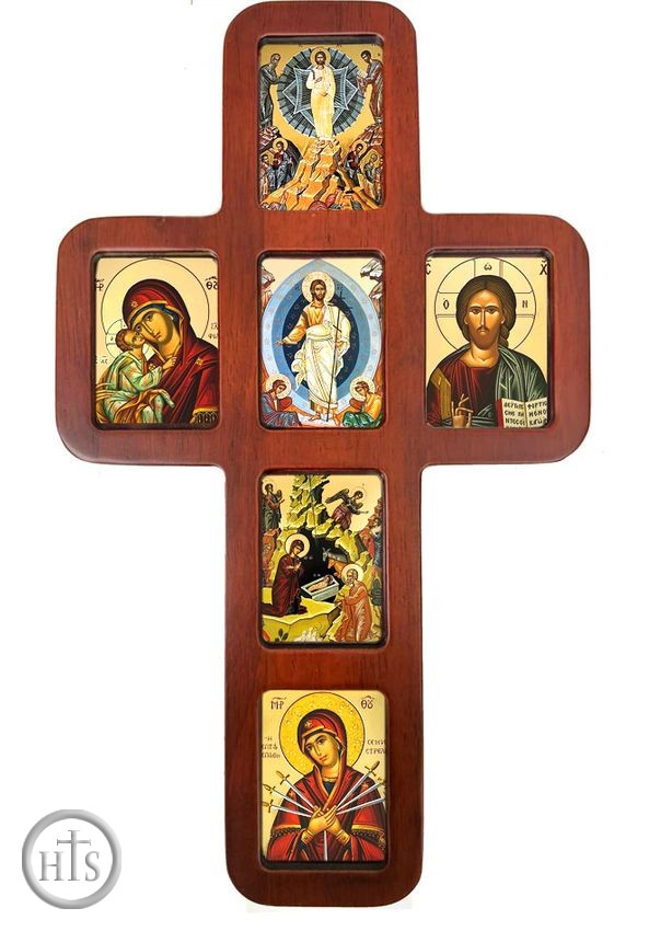 Pic - Wooden Cross with Greek Icons, Wall Hanging, 14 Inch