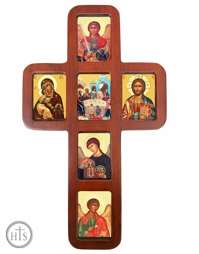 Product Pic - Oak Wood Cross with Orthodox Icons, Wall Hanging, 14 Inch