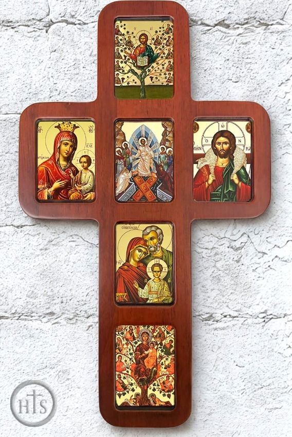 Product Pic - Oak Wood Cross with Icons, Wall Hanging, 14 Inch