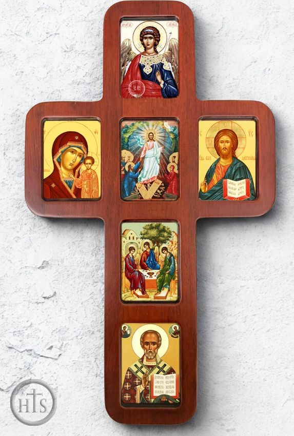 Image - Wooden Cross with Orthodox Icons, Wall Hanging, 14 Inch