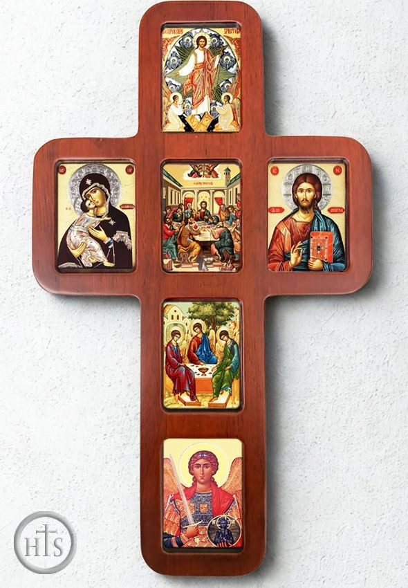 HolyTrinityStore Picture - Wooden Cross with Mini Icons, Wall Hanging, 14 Inch