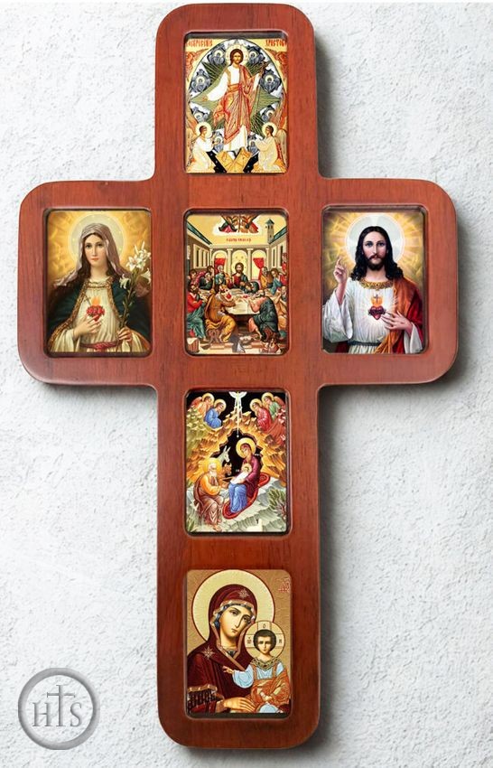 Product Image - Wooden Cross with Icons, Wall Hanging, 14 Inch