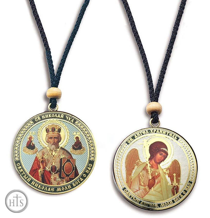 HolyTrinityStore Picture - Guardian Angel & St Nicholas, Reversible Icon on Rope