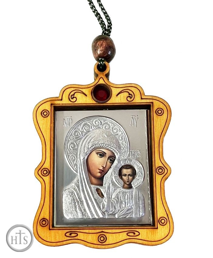 Product Image - Virgin of Kazan, Wooden Icon Pendant on Rope