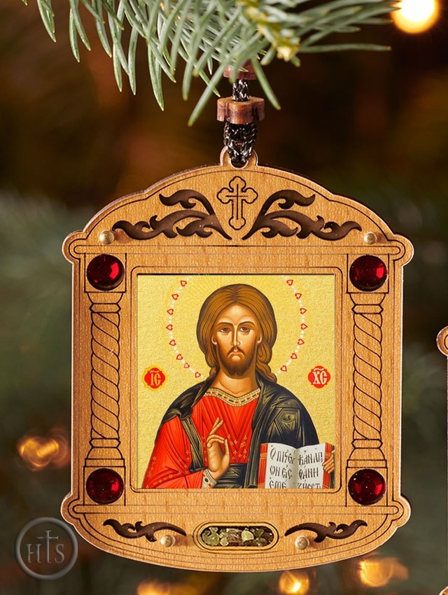 HolyTrinityStore Image - Christ The Teacher, Wooden Icon Shrine Pendant on Rope