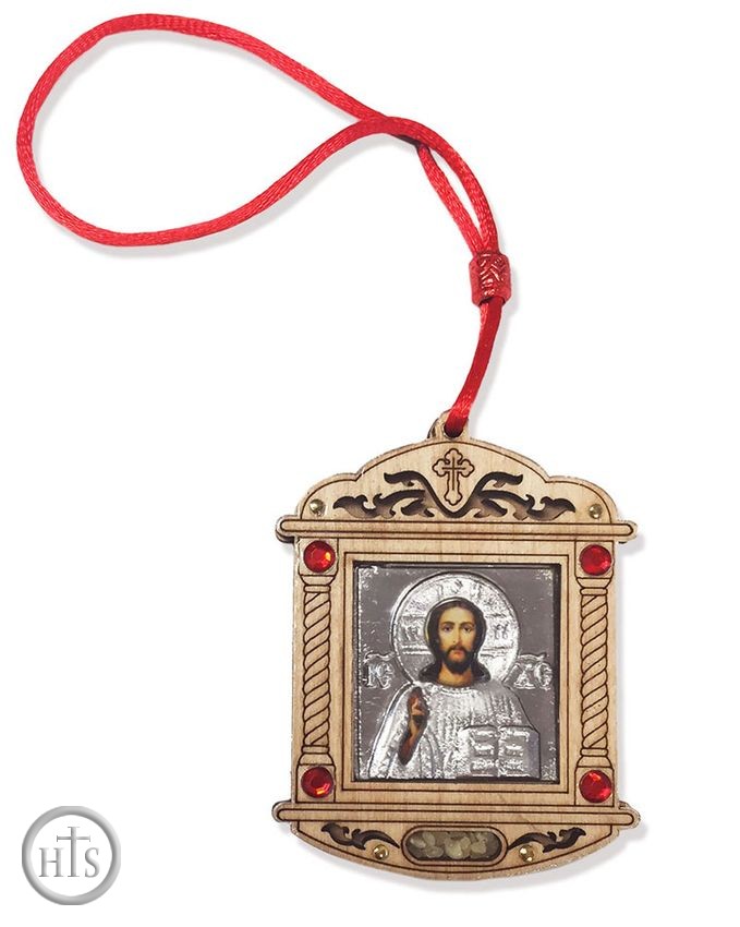 HolyTrinityStore Image - Wooden  Silver Tone Metal Pendant on Rope with Icon of Christ