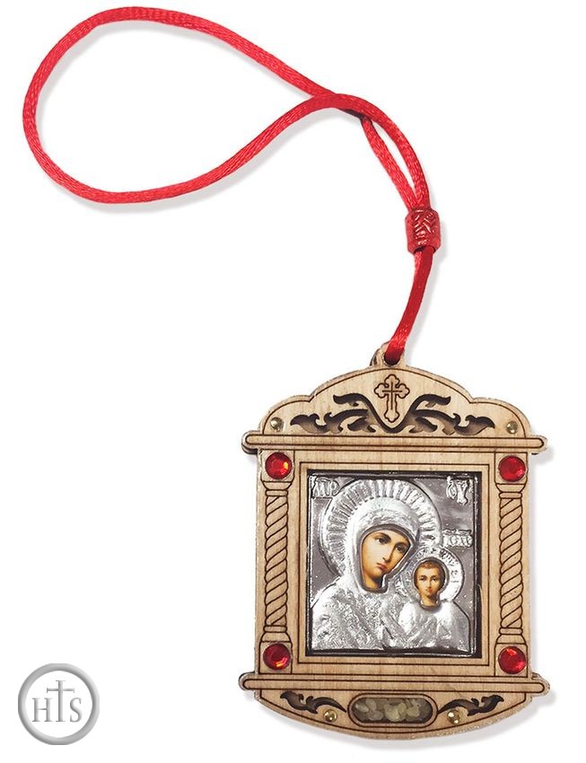 Product Photo - Wooden  Silver Tone Metal Pendant on Rope w/ Virgin of Kazan Icon