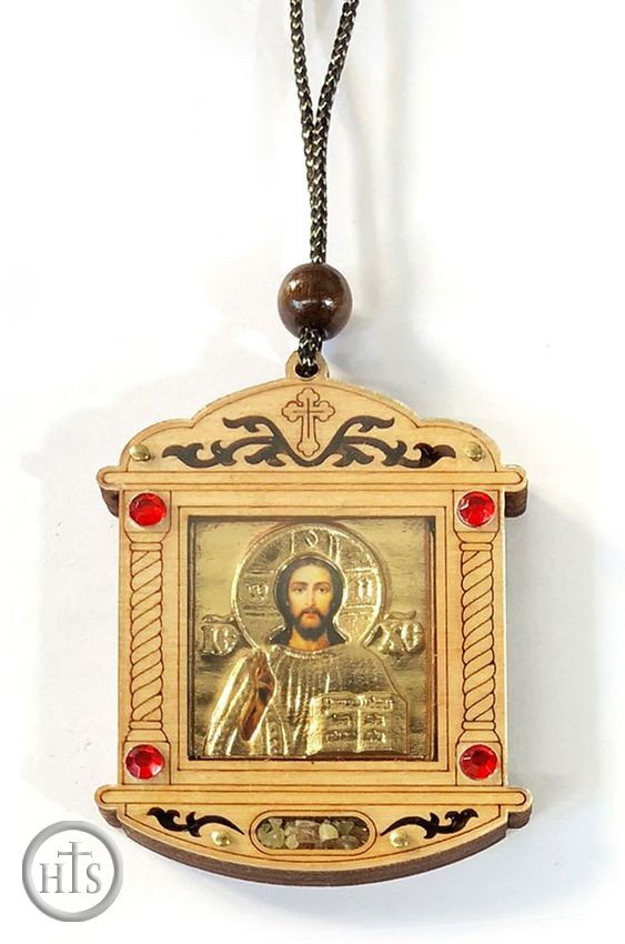 HolyTrinityStore Picture - Wooden  Gold Tone Metal Pendant on Rope with Icon of Christ