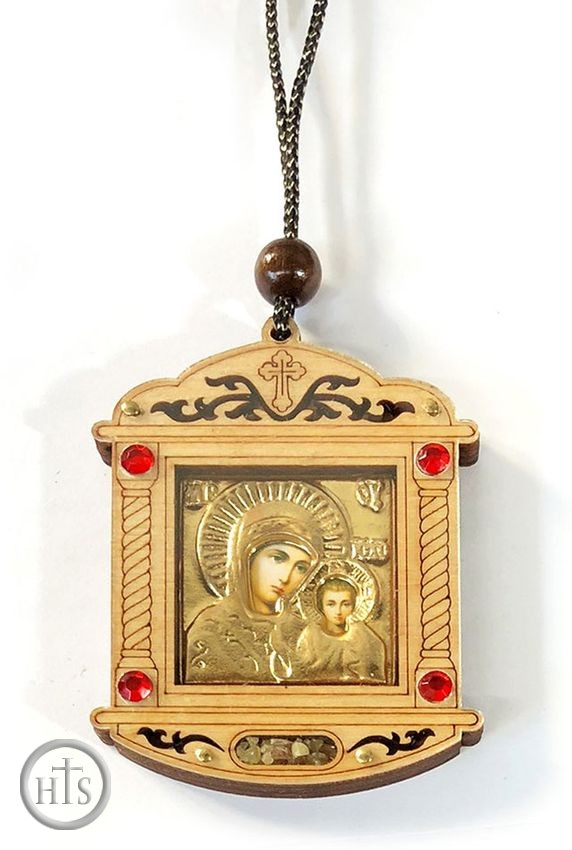 HolyTrinityStore Image - Wooden  Gold Tone Metal Pendant on Rope with Icon Virgin of Kazan