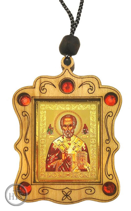 HolyTrinity Pic - Wooden  Gold Tone Metal Pendant on Rope with Icon of Saint Nicholas
