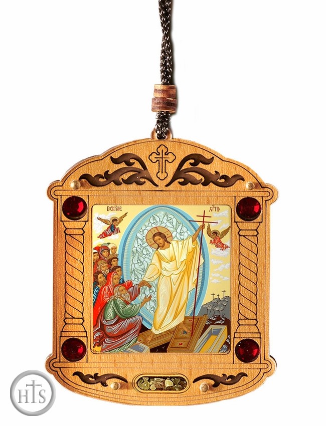 Product Picture - Resurrection of Christ,  Wooden Icon Shrine Pendant on Rope