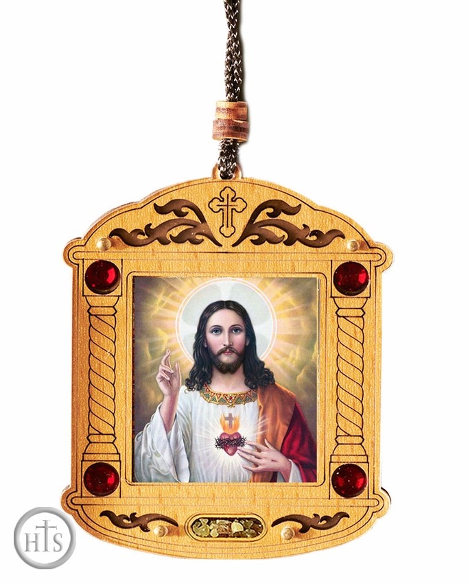 Picture - Sacred Heart of Jesus, Wooden Icon Shrine Pendant on Rope
