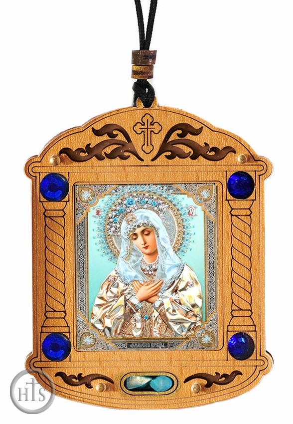 Product Pic - Virgin of Extreme Humility, Wooden Icon Shrine Pendant on Rope