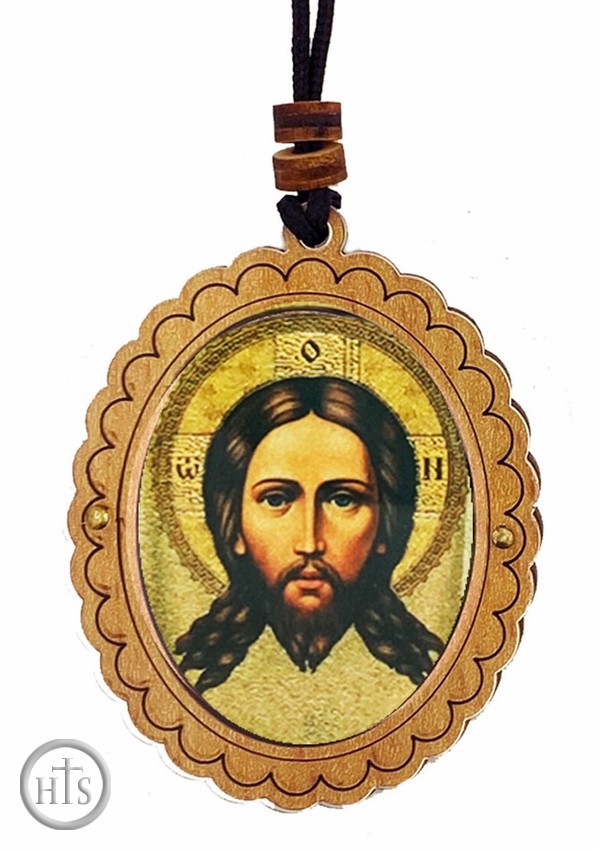 HolyTrinity Pic - Holy Face of Jesus Christ, Wooden Icon Pendant on Rope