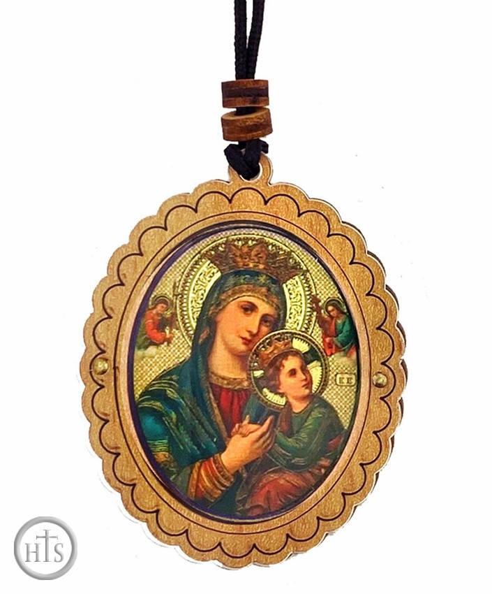 Product Pic - Virgin Mary Perpetual Help, Wooden Icon Pendant on Rope
