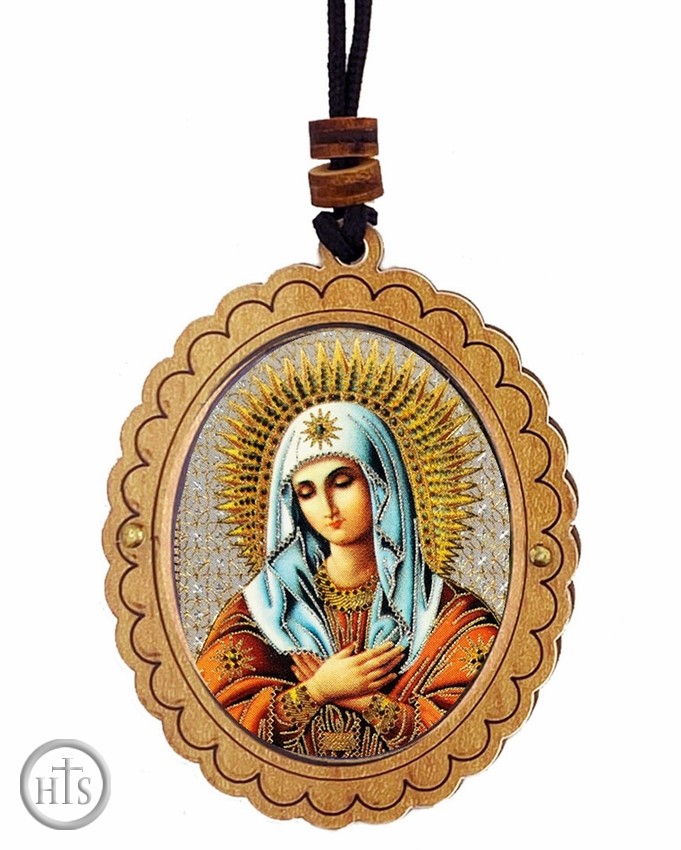 HolyTrinityStore Image - Virgin Mary Extreme Humility, Wooden Icon Pendant on Rope