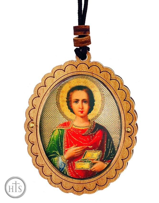 Pic - Saint Panteleimon The Healer, Wooden Icon Pendant on Rope