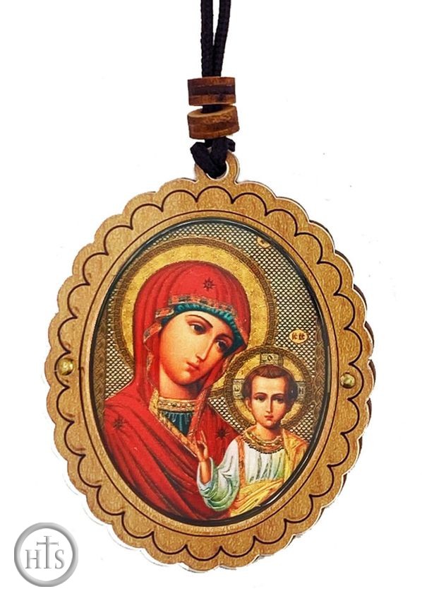 HolyTrinityStore Image - Virgin of Kazan, Wooden Icon Pendant on Rope