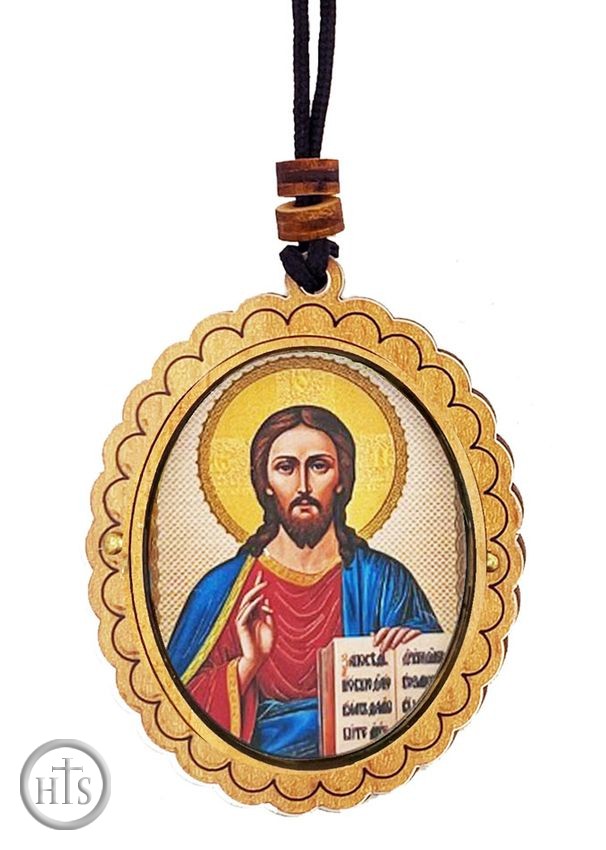 HolyTrinityStore Image - Christ The Teacher, Wooden Icon Pendant on Rope