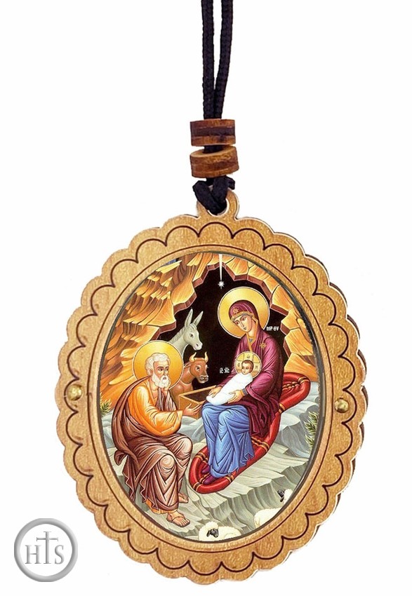 Picture - Nativity of Christ, Wooden Icon Oval Pendant on Rope