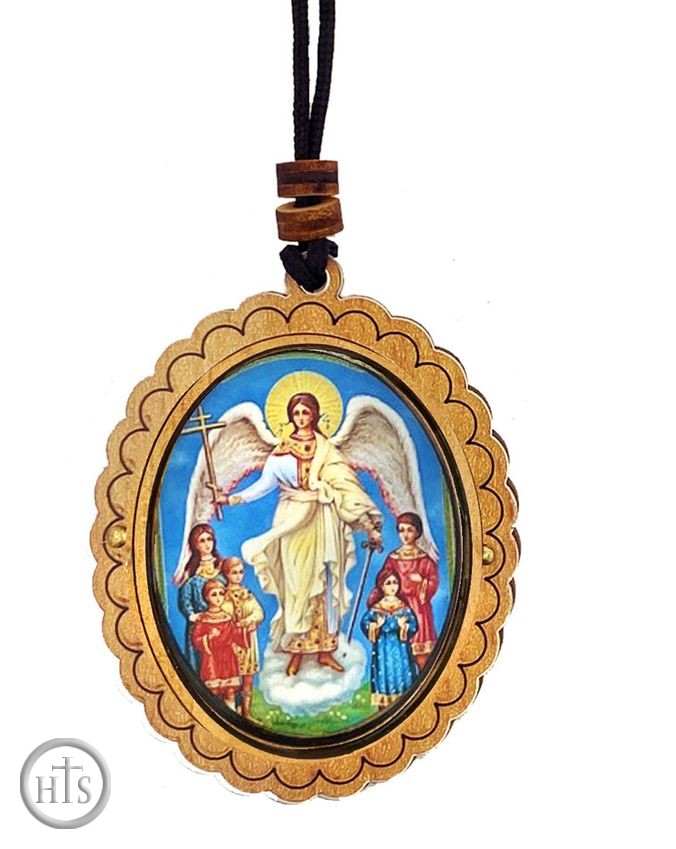 Photo - Guardian Angel With Children, Wooden Icon Pendant on Rope
