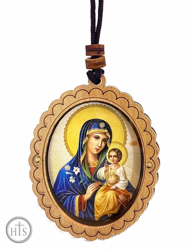 Photo - Virgin Mary Eternal Bloom, Wooden Icon Pendant on Rope