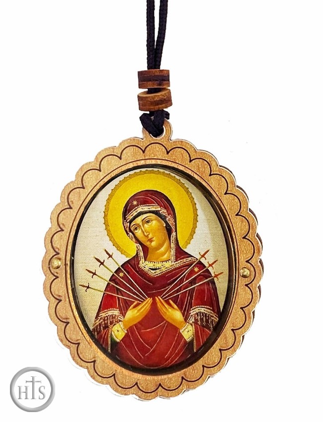 Product Image - Virgin Mary Seven Arrows, Wooden Icon Pendant on Rope