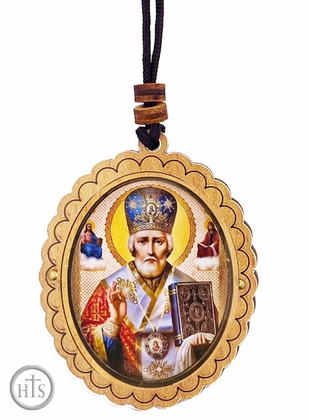Product Pic - Saint Nicholas, Wooden Icon Pendant on Rope