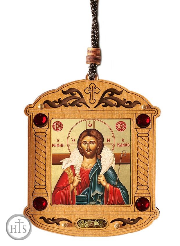 Pic - Christ The Good Shepherd, Wooden Icon Shrine Pendant on Rope