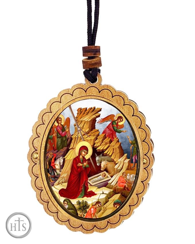 Pic - Nativity of Christ, Wooden Icon Oval Pendant on Rope