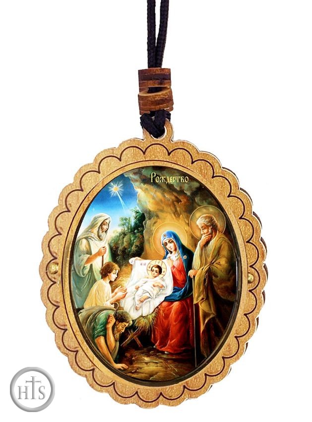 HolyTrinity Pic - The Nativity Scene, Wooden Icon Pendant on Rope