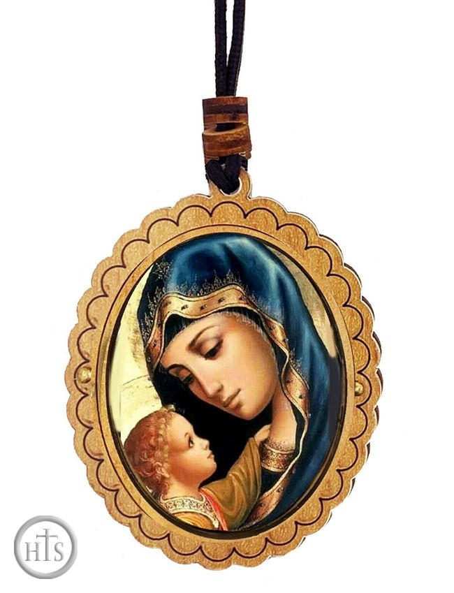 Picture - Virgin Mary and Child, Wooden Icon Pendant on Rope
