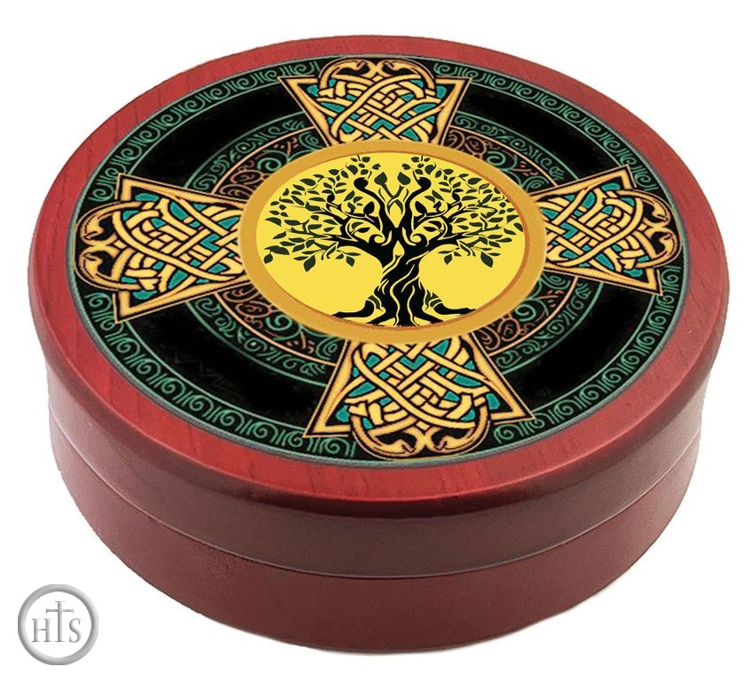 HolyTrinityStore Photo - Celtic Cross - Tree of Life, Round Wooden Icon Keepsake Box