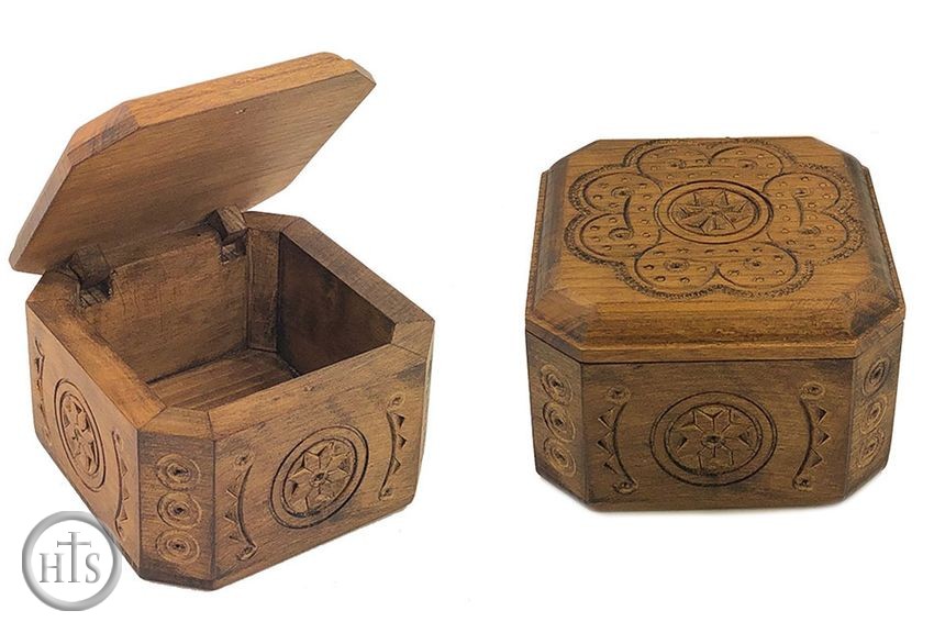 HolyTrinityStore Picture - Hand Carved Wooden Box, Rosary Keepsake Holder 