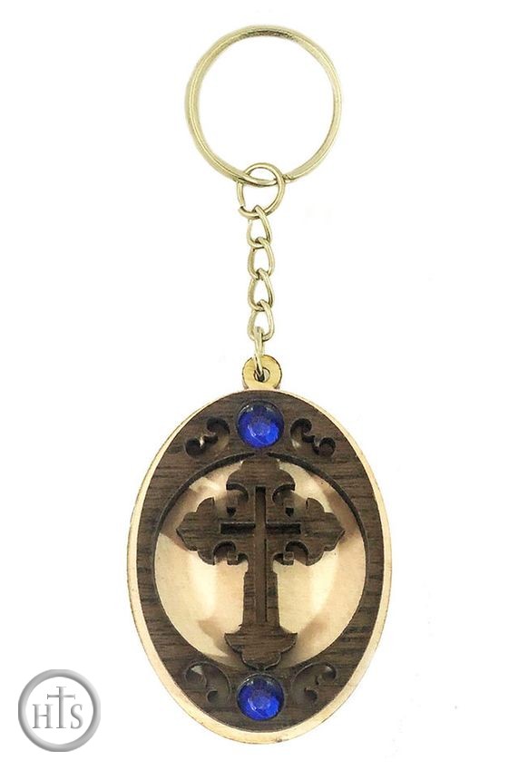 HolyTrinityStore Picture - Reversible Wooden Key Chain with Cross, 2 Sided, 2 1/4