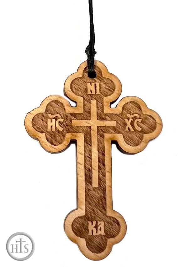 Product Pic - Wooden Cross Necklace ICXC NIKA on Black Cord 