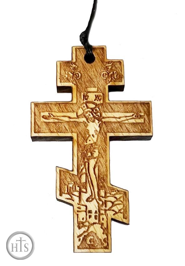 HolyTrinityStore Photo - Wooden Three Bar Cross Necklace on Black Cord 