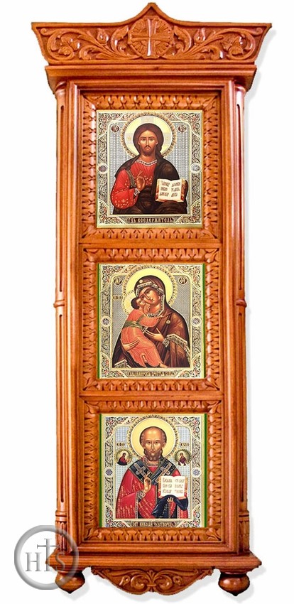 HolyTrinityStore Image - Three Matching Icons in Wooden Shrine with Glass