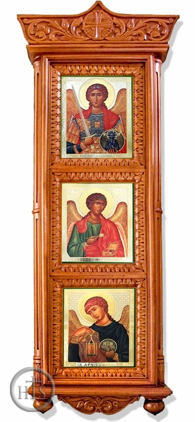 Product Photo - Three Archangel Icons in Wooden Shrine with Glass