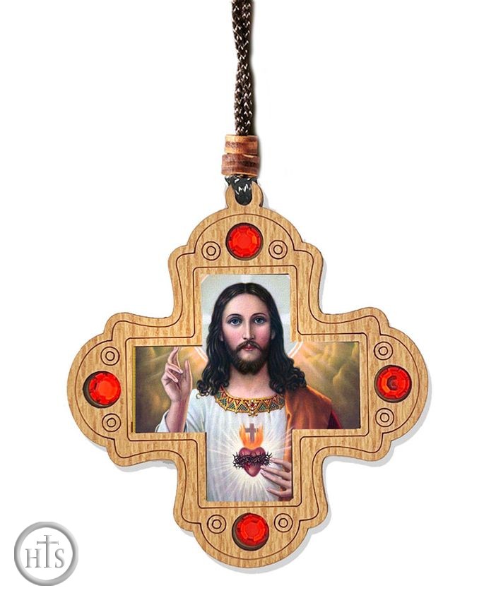 HolyTrinityStore Image - Wooden Cross on Rope with Sacred Heart of Jesus Icon