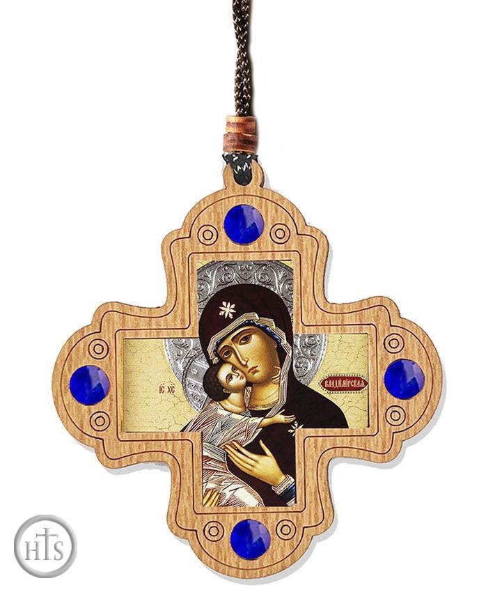 HolyTrinityStore Picture - Car / Room Wooden Cross on Rope with Virgin of Vladimir Icon