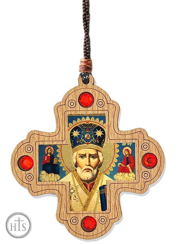 Product Image - Car / Room Wooden Cross on Rope with St. Nicholas Icon