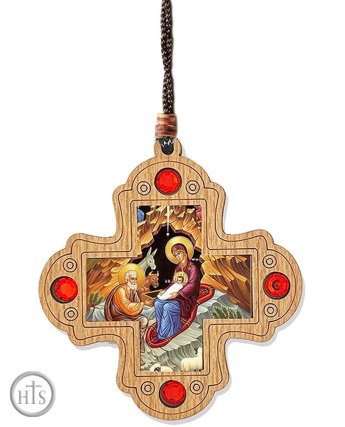 Product Pic - Car / Room Wooden Cross on Rope with The Nativity Icon