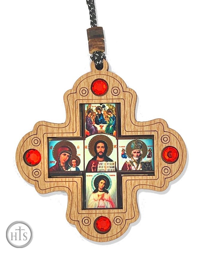 Product Picture - Car / Room Wooden Cross on Rope with Mini Icons