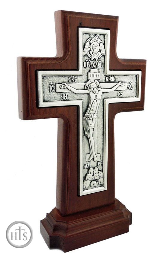 Image - Old Russian Style Wooden Standing Cross, Silver Plated 999
