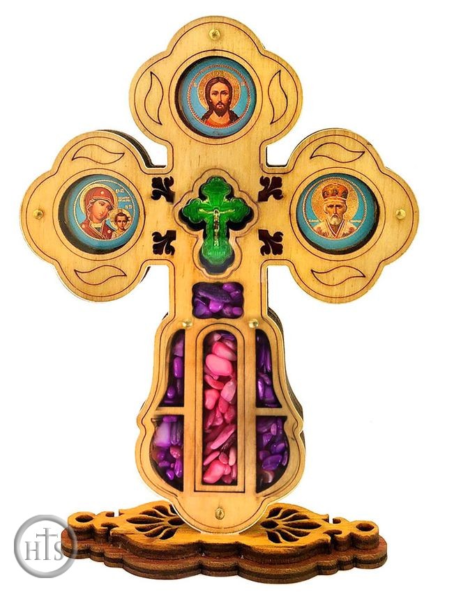 HolyTrinityStore Picture - Wooden Standing Cross with Mini Icons and Crystal Incense