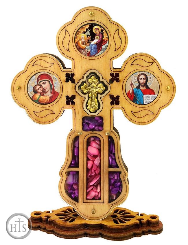 Pic - Wooden Standing Cross with Mini Icons and Crystal Incense